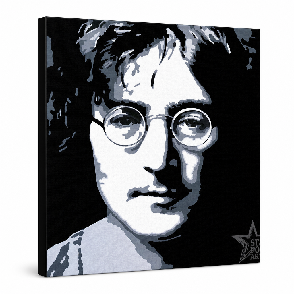 Ročno poslikana slika POP Art John Lennon 1 kos jl – 3D vizualizacija ročno poslikanega platna na belem ozadju. Prevladujoče barve: črna, bela, siva.
