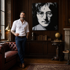 Ročno poslikana slika POP Art John Lennon 1 kos jl – slika v sodobnem moškem interjerju, lifestyle vizualizacija. Prevladujoče barve: črna, bela, siva.