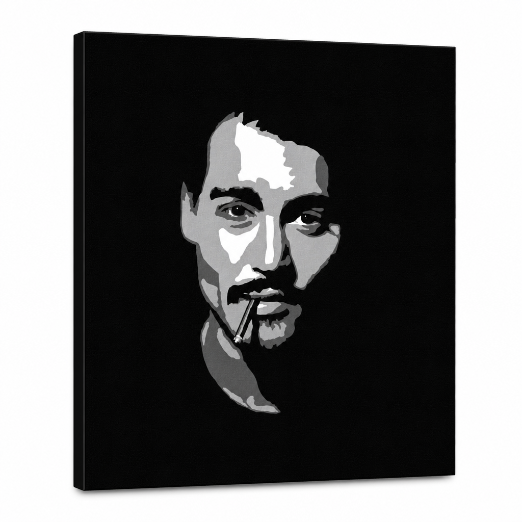 Ročno poslikana slika POP Art Johnny Depp1 del jd2 – 3D vizualizacija ročno poslikanega platna na belem ozadju. Prevladujoče barve: črna, bela, siva.
