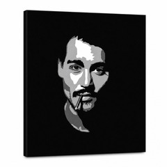Ročno poslikana slika POP Art Johnny Depp1 del jd2 – 3D vizualizacija ročno poslikanega platna na belem ozadju. Prevladujoče barve: črna, bela, siva.