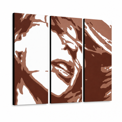 Ročno poslikana slika POP Art Kylie Minogue 3 kosi – 3D vizualizacija ročno poslikanega platna na belem ozadju. Prevladujoče barve: rjava, bela, oranžna.