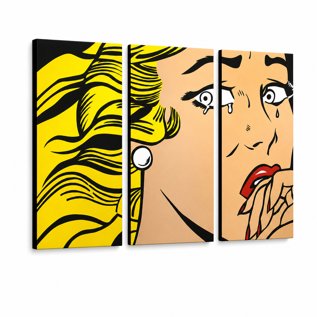 Ročno poslikana slika POP Art LICHTENSTEIN 3 kosi li3/x2 – 3D vizualizacija ročno poslikanega platna na belem ozadju. Prevladujoče barve: rumena, črna, rožnata.