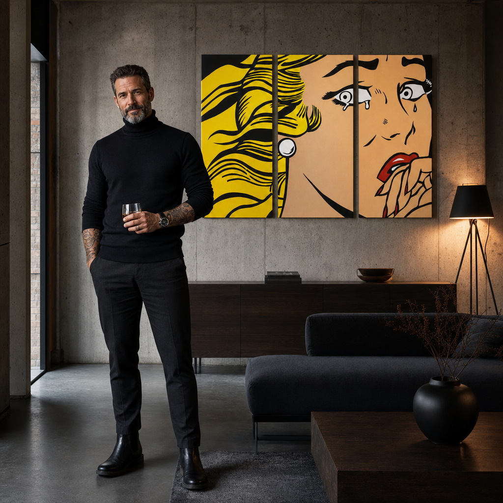 Ročno poslikana slika POP Art LICHTENSTEIN 3 kosi li3/x2 – slika v sodobnem moškem interjerju, lifestyle vizualizacija. Prevladujoče barve: rumena, črna, rožnata.
