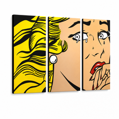 Ročno poslikana slika POP Art LICHTENSTEIN 3 kosi li3/x2 – 3D vizualizacija ročno poslikanega platna na belem ozadju. Prevladujoče barve: rumena, črna, rožnata.