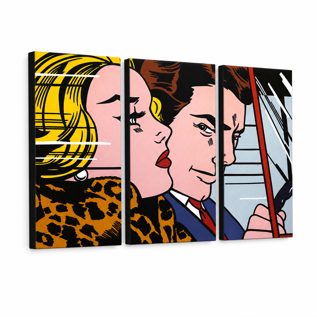 Ročno poslikana slika POP Art LICHTENSTEIN 3 kosi li4 – 3D vizualizacija ročno poslikanega platna na belem ozadju. Prevladujoče barve: rumena, črna, rožnata, modra, rjava.