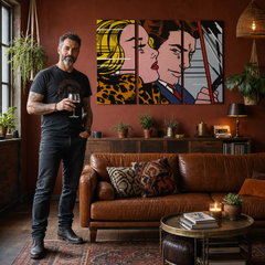 Ročno poslikana slika POP Art LICHTENSTEIN 3 kosi li4 – slika v sodobnem moškem interjerju, lifestyle vizualizacija. Prevladujoče barve: rumena, črna, rožnata, modra, rjava.