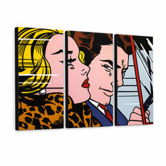 Ročno poslikana slika POP Art LICHTENSTEIN 3 kosi li4 – 3D vizualizacija ročno poslikanega platna na belem ozadju. Prevladujoče barve: rumena, črna, rožnata, modra, rjava.