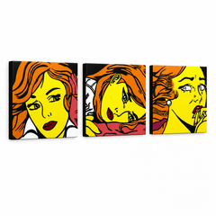 Ročno poslikana slika POP Art LICHTENSTEIN 3 kosi li7 – 3D vizualizacija ročno poslikanega platna na belem ozadju. Prevladujoče barve: rumena, črna, oranžna.