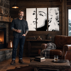 Ročno poslikana slika POP Art Madonna 3 kosov ma4 – slika v sodobnem moškem interjerju, lifestyle vizualizacija. Prevladujoče barve: črna, bela, siva.