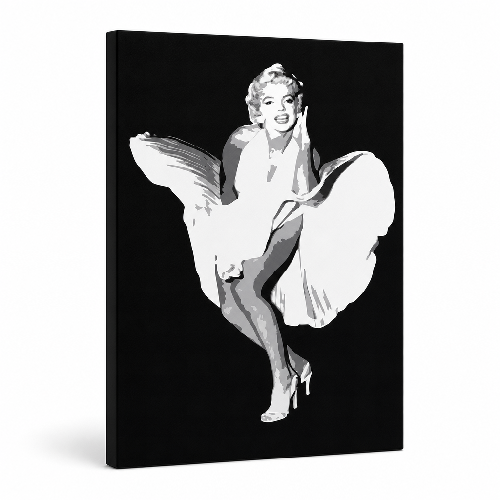 Ročno poslikana slika POP Art Marilyn Monroe 1 kos mon6 – 3D vizualizacija ročno poslikanega platna na belem ozadju. Prevladujoče barve: črna, bela, siva.