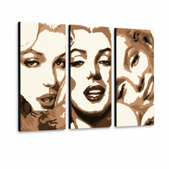 Ročno poslikana slika POP Art Marilyn MONROE 3 kosi mon1 – 3D vizualizacija ročno poslikanega platna na belem ozadju. Prevladujoče barve: bež, rjava, črna.