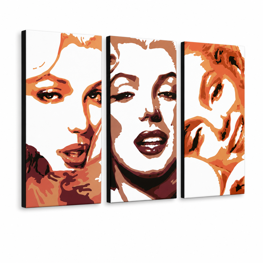 Ročno poslikana slika POP Art Marilyn Monroe 3 kosi mon2 – 3D vizualizacija ročno poslikanega platna na belem ozadju. Prevladujoče barve: oranžna, rjava, bela.