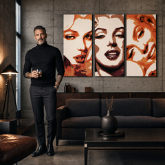 Ročno poslikana slika POP Art Marilyn Monroe 3 kosi mon2 – slika v sodobnem moškem interjerju, lifestyle vizualizacija. Prevladujoče barve: oranžna, rjava, bela.