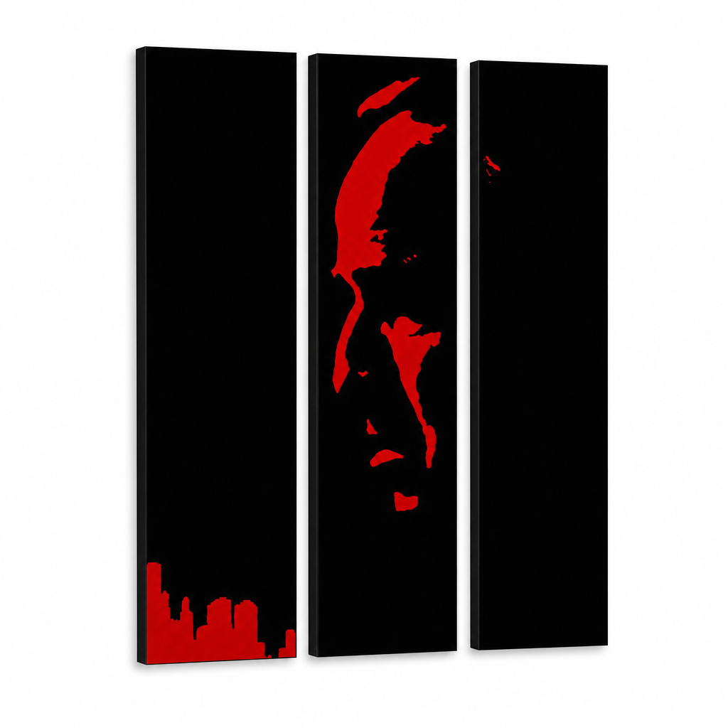 Ročno poslikana slika POP Art Marlon Brando 3 kosi gff – 3D vizualizacija ročno poslikanega platna na belem ozadju. Prevladujoče barve: črna, rdeča.