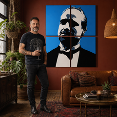 Ročno poslikana slika POP Art Marlon Brando 4 deli mb4 – slika v sodobnem moškem interjerju, lifestyle vizualizacija. Prevladujoče barve: modra, črna, bela.