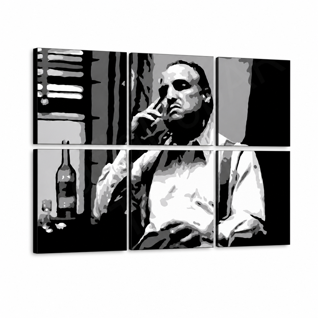 Ročno poslikana slika POP Art MARLON BRANDO 6-delna mb9 – 3D vizualizacija ročno poslikanega platna na belem ozadju. Prevladujoče barve: črna, bela, siva.