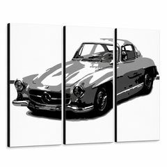 Ročno poslikana slika POP Art MERCEDES SL300 3 kosi – 3D vizualizacija ročno poslikanega platna na belem ozadju. Prevladujoče barve: črna, bela, siva.