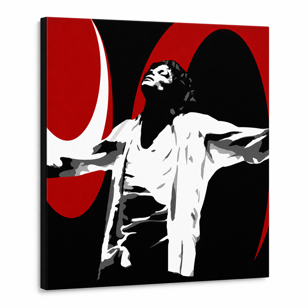 Ročno poslikana slika POP Art Michael Jackson 1 del mj1 – 3D vizualizacija ročno poslikanega platna na belem ozadju. Prevladujoče barve: črna, rdeča, bela.