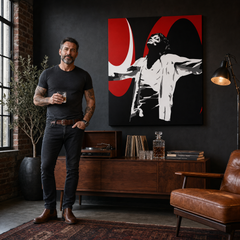 Ročno poslikana slika POP Art Michael Jackson 1 del mj1 – slika v sodobnem moškem interjerju, lifestyle vizualizacija. Prevladujoče barve: črna, rdeča, bela.