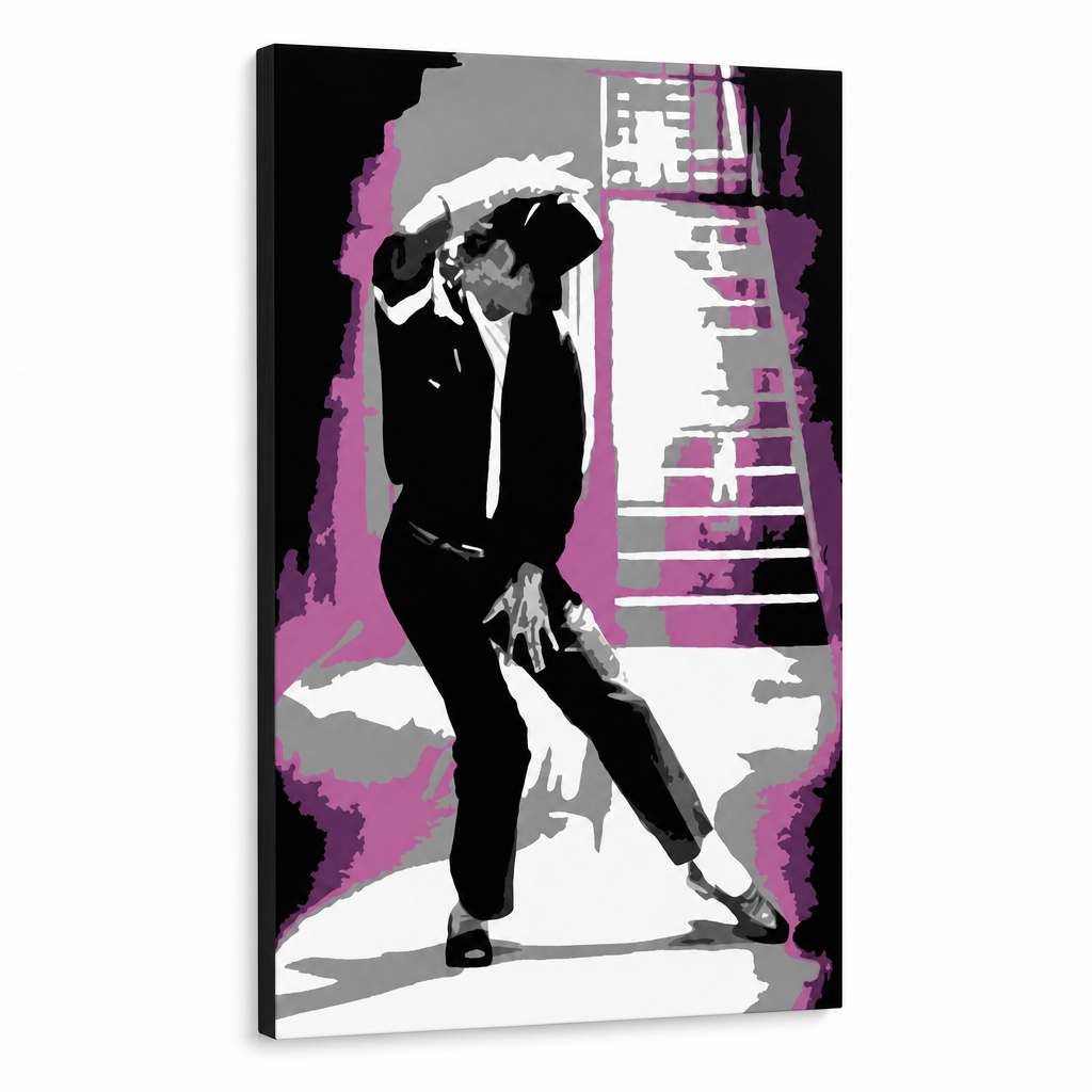 Ročno poslikana slika POP Art Michael Jackson 1 kos mj3 – 3D vizualizacija ročno poslikanega platna na belem ozadju. Prevladujoče barve: črna, rožnata, siva, bela.