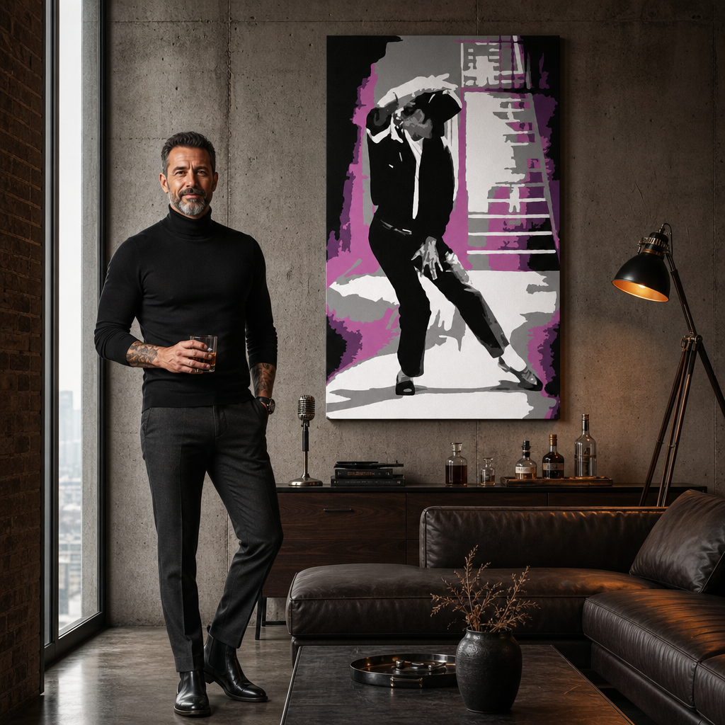 Ročno poslikana slika POP Art Michael Jackson 1 kos mj3 – slika v sodobnem moškem interjerju, lifestyle vizualizacija. Prevladujoče barve: črna, rožnata, siva, bela.