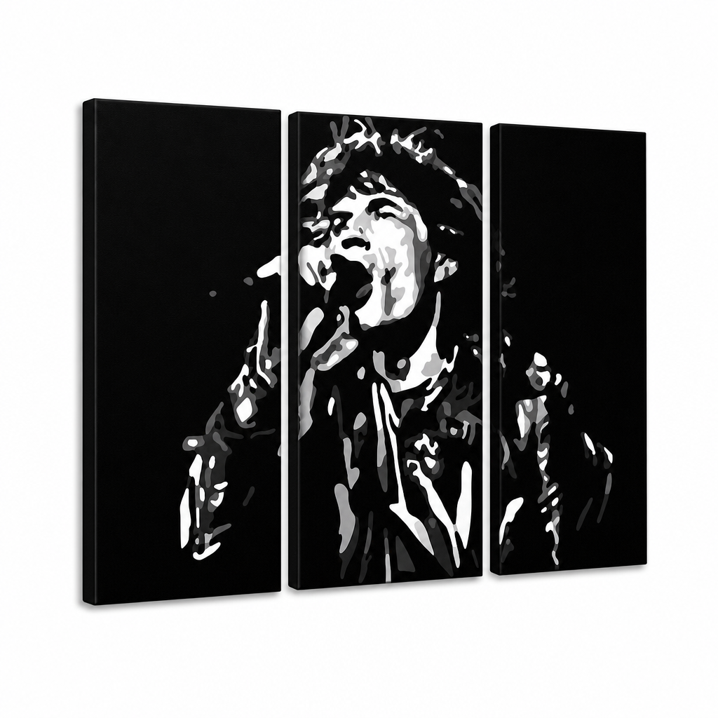 Ročno poslikana slika POP Art Mick Jagger 3 kosi mick – 3D vizualizacija ročno poslikanega platna na belem ozadju. Prevladujoče barve: črna, bela, siva.