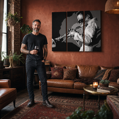 Ročno poslikana slika POP Art Miles Davis 3 kosi md – slika v sodobnem moškem interjerju, lifestyle vizualizacija. Prevladujoče barve: črna, bela, siva.