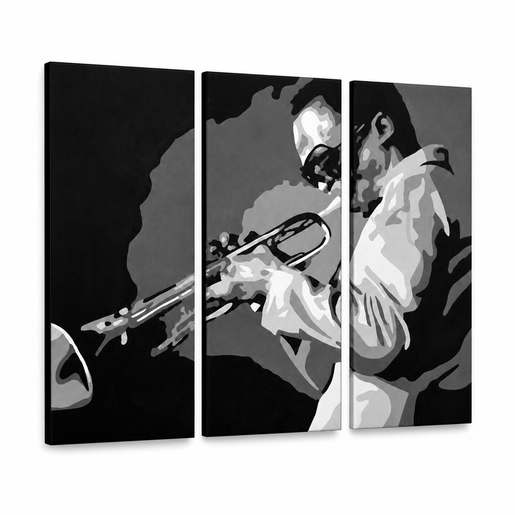 Ročno poslikana slika POP Art Miles Davis 3 kosi md – 3D vizualizacija ročno poslikanega platna na belem ozadju. Prevladujoče barve: črna, bela, siva.
