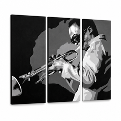 Ročno poslikana slika POP Art Miles Davis 3 kosi md – 3D vizualizacija ročno poslikanega platna na belem ozadju. Prevladujoče barve: črna, bela, siva.