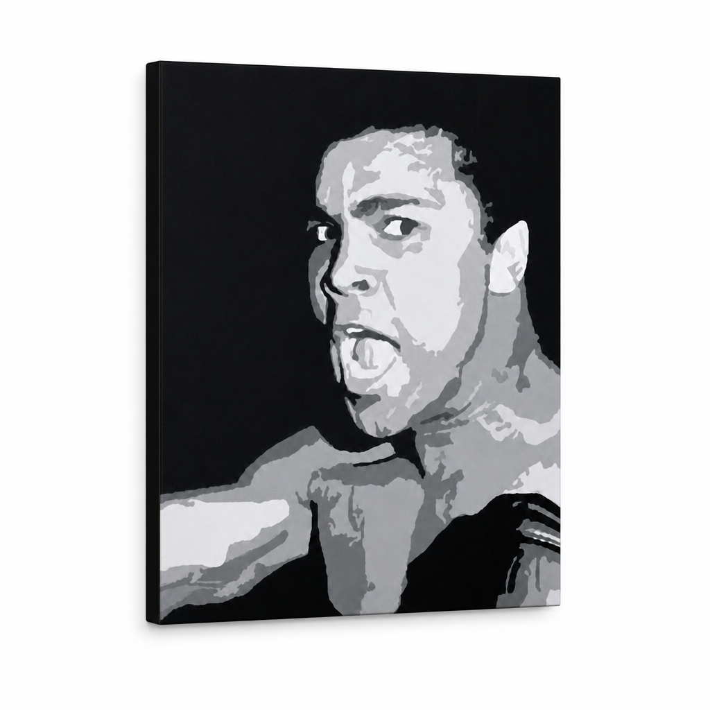 Ročno poslikana slika POP Art Muhamad Ali 1 kos ali – 3D vizualizacija ročno poslikanega platna na belem ozadju. Prevladujoče barve: črna, siva, bela.