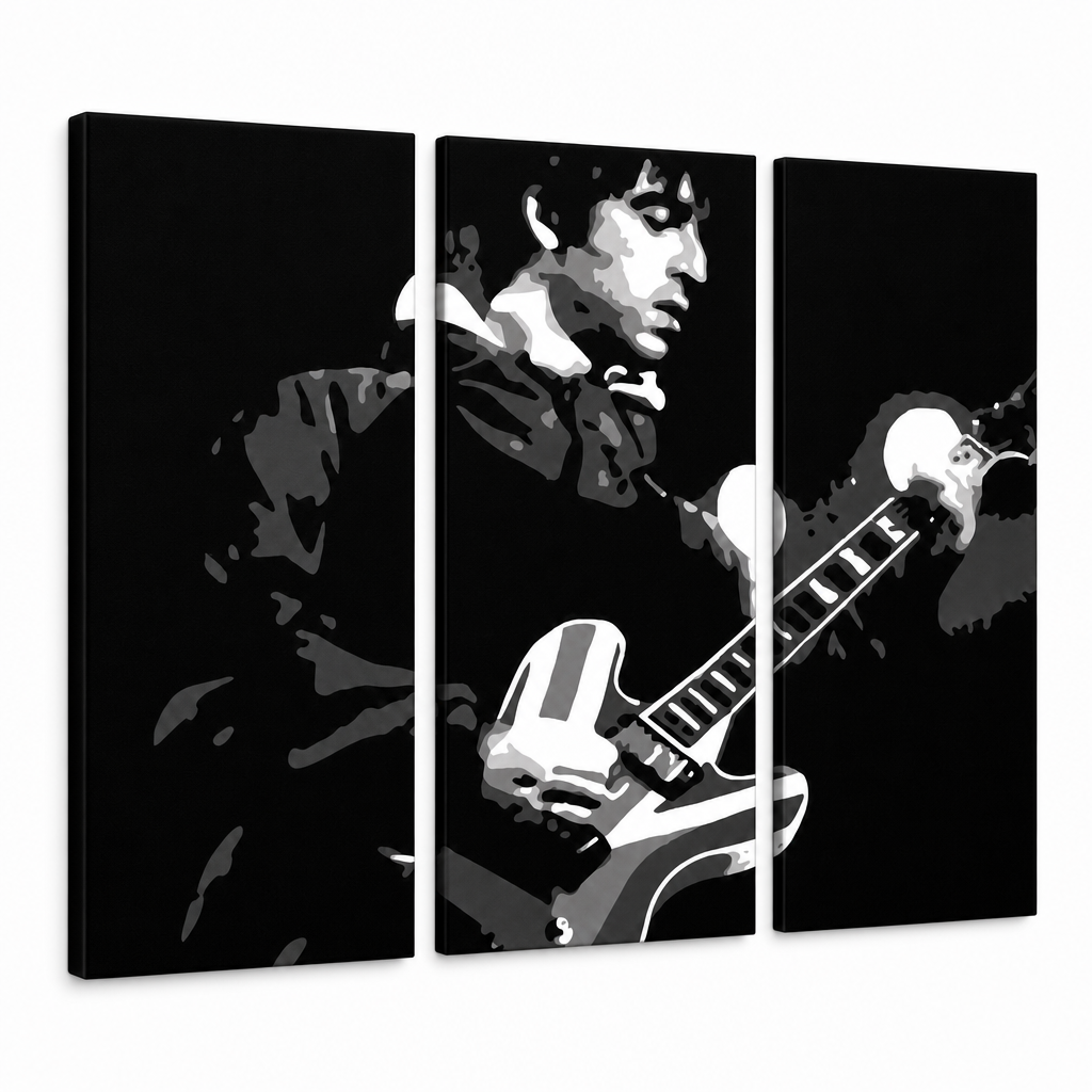 Ročno poslikana slika POP Art Oasis 3 kosi oa2 – 3D vizualizacija ročno poslikanega platna na belem ozadju. Prevladujoče barve: črna, siva, bela, strieborná.