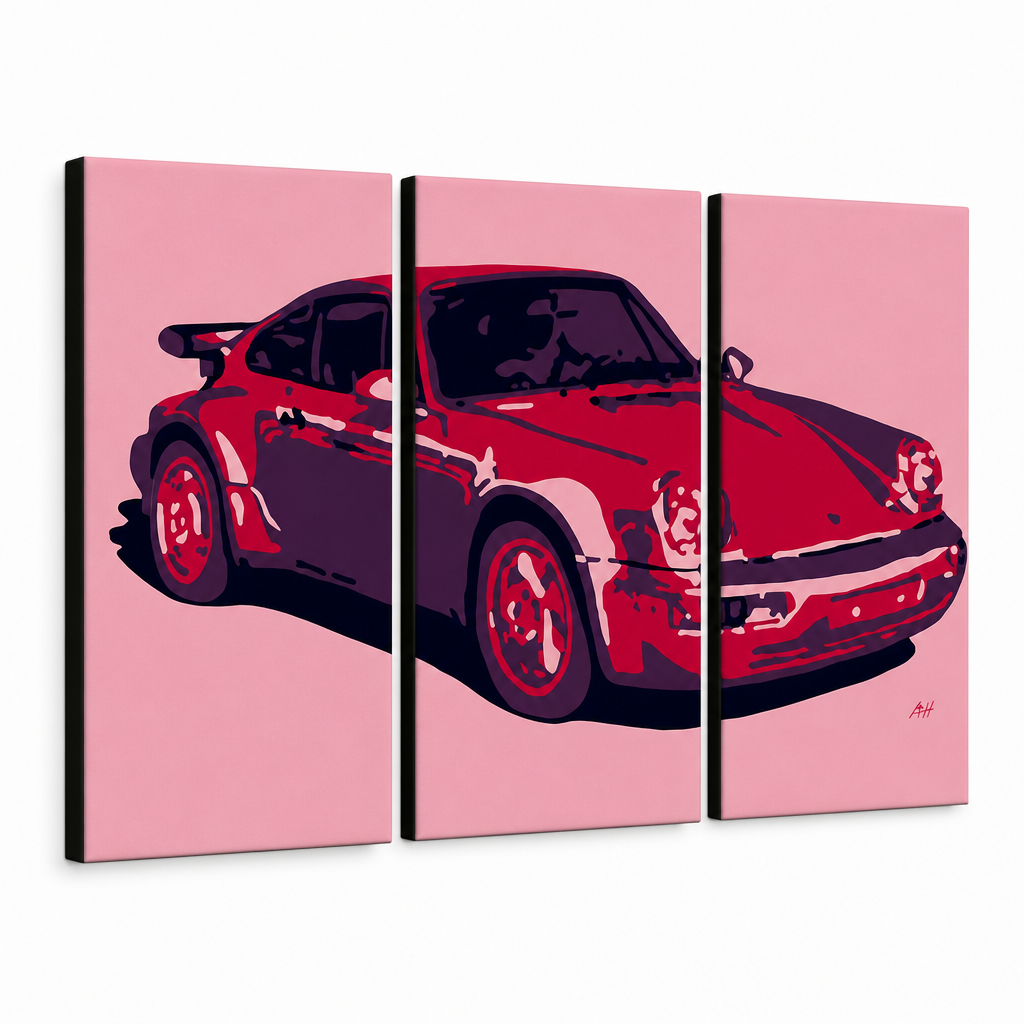 Ročno poslikana slika POP Art PORSCHE 911 3 kosi por3 – 3D vizualizacija ročno poslikanega platna na belem ozadju. Prevladujoče barve: rdeča, rožnata, črna.