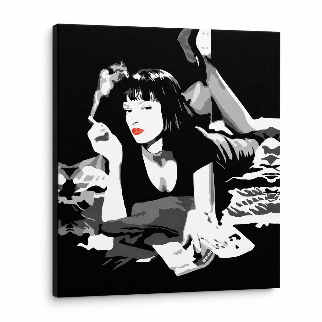 Ročno poslikana slika POP Art PULP FICTION 1 kos pulp6 – 3D vizualizacija ročno poslikanega platna na belem ozadju. Prevladujoče barve: črna, bela, rdeča.