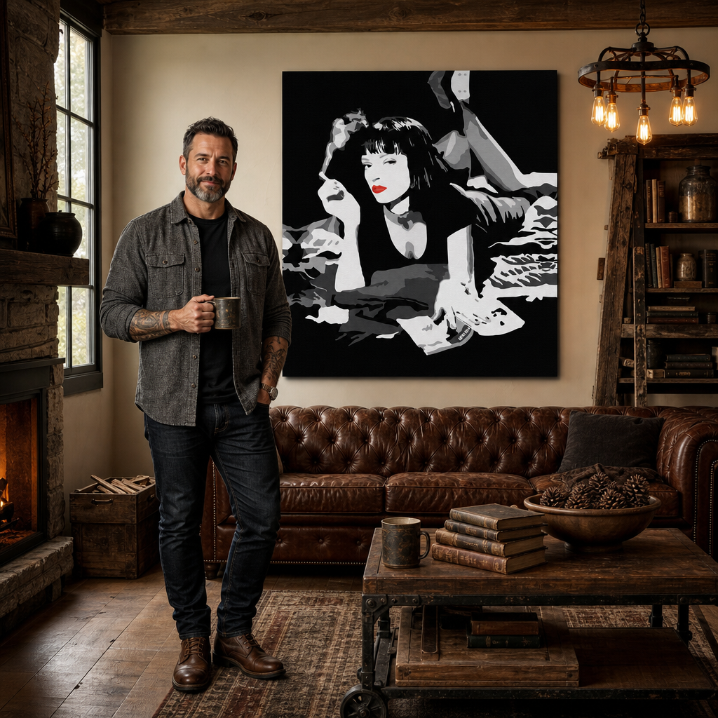Ročno poslikana slika POP Art PULP FICTION 1 kos pulp6 – slika v sodobnem moškem interjerju, lifestyle vizualizacija. Prevladujoče barve: črna, bela, rdeča.
