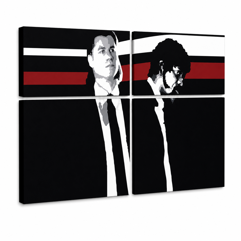 Ročno poslikana slika POP Art Pulp Fiction 4 kosi pulp – 3D vizualizacija ročno poslikanega platna na belem ozadju. Prevladujoče barve: črna, rdeča, bela, siva, rjava.