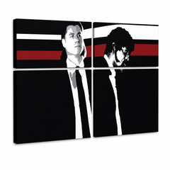 Ročno poslikana slika POP Art Pulp Fiction 4 kosi pulp – 3D vizualizacija ročno poslikanega platna na belem ozadju. Prevladujoče barve: črna, rdeča, bela, siva, rjava.