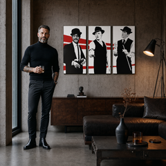 Ročno poslikana slika POP Art Rat Pack 3 kosi rp – slika v sodobnem moškem interjerju, lifestyle vizualizacija. Prevladujoče barve: črna, bela, rdeča.