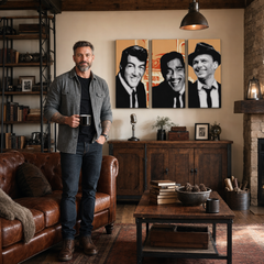 Ročno poslikana slika POP Art Rat Pack 3 kosi rp3 – slika v sodobnem moškem interjerju, lifestyle vizualizacija. Prevladujoče barve: črna, bela, oranžna.