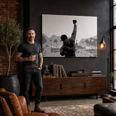 Ročno poslikana slika POP Art ROCKY 1 kos rocky – slika v sodobnem moškem interjerju, lifestyle vizualizacija. Prevladujoče barve: črna, bela, siva.