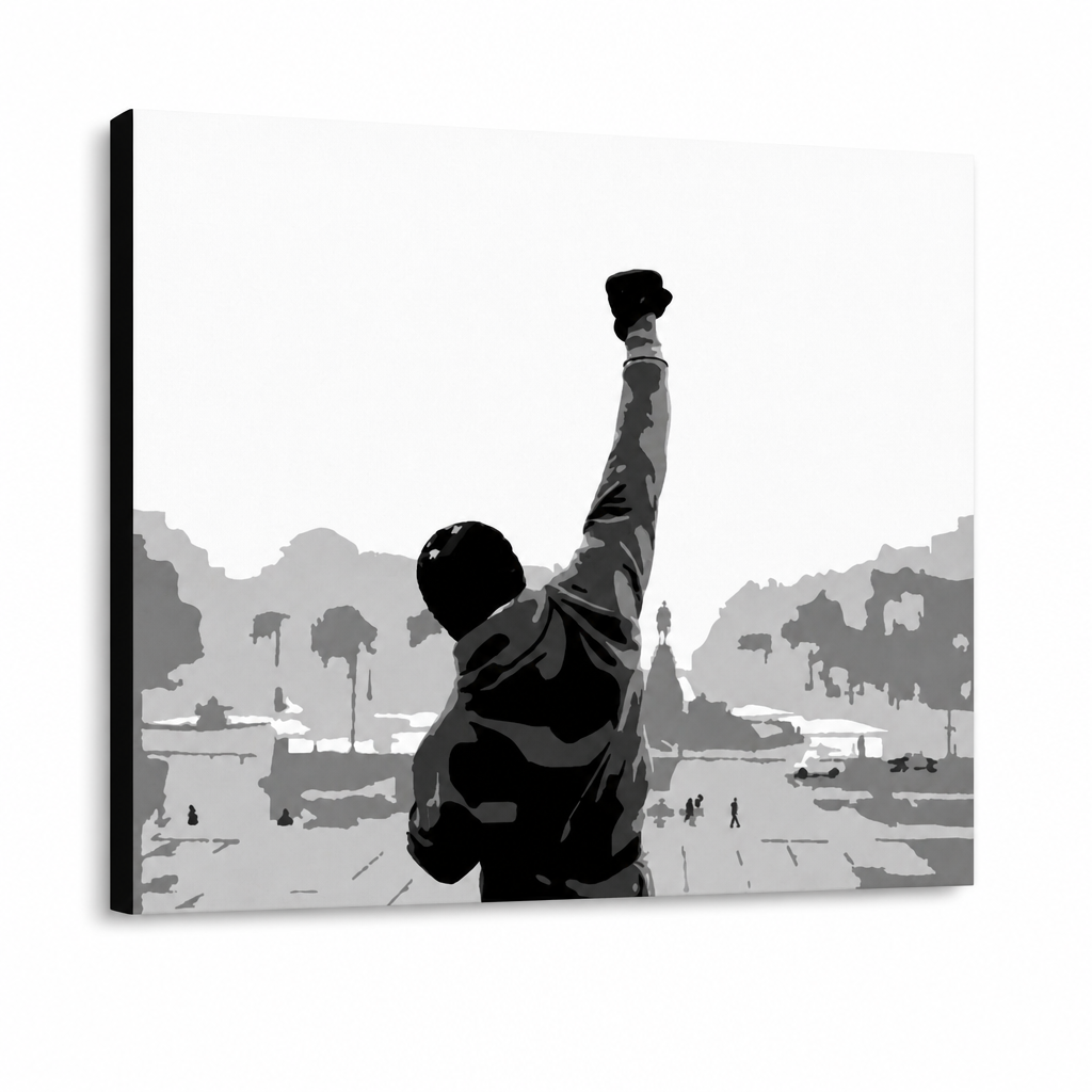 Ročno poslikana slika POP Art ROCKY 1 kos rocky – 3D vizualizacija ročno poslikanega platna na belem ozadju. Prevladujoče barve: črna, bela, siva.