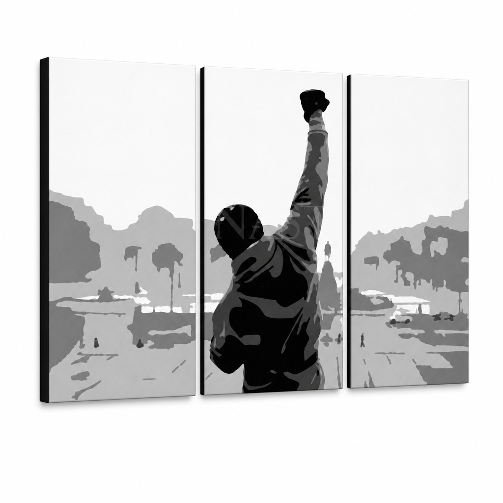 Ročno poslikana slika POP Art ROCKY 3 kosi rocky2 – 3D vizualizacija ročno poslikanega platna na belem ozadju. Prevladujoče barve: črna, siva, bela.