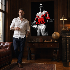 Ročno poslikana slika POP Art Ruud van Nistelrooy 1 kos rvn – slika v sodobnem moškem interjerju, lifestyle vizualizacija. Prevladujoče barve: črna, rdeča, bela, siva.