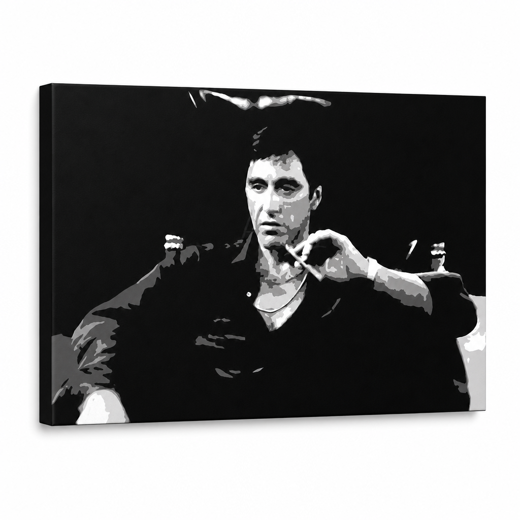 Ročno poslikana slika POP Art Scarface 1 kos smz – 3D vizualizacija ročno poslikanega platna na belem ozadju. Prevladujoče barve: črna, bela, siva.