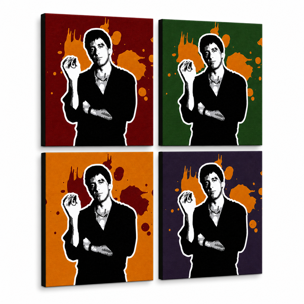 Ročno poslikana slika POP Art Scarface - AL PACINO 4 kos al36 – 3D vizualizacija ročno poslikanega platna na belem ozadju. Prevladujoče barve: črna, oranžna, rdeča, zelena, vijolična.