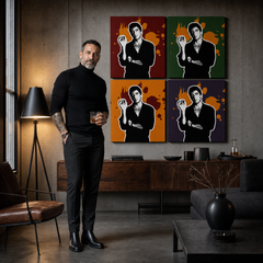 Ročno poslikana slika POP Art Scarface - AL PACINO 4 kos al36 – slika v sodobnem moškem interjerju, lifestyle vizualizacija. Prevladujoče barve: črna, oranžna, rdeča, zelena, vijolična.