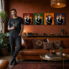 Ročno poslikana slika POP Art Scarface - AL PACINO 4 kosi 200x50cm al37 – slika v sodobnem moškem interjerju, lifestyle vizualizacija. Prevladujoče barve: črna, oranžna, rdeča, zelena, vijolična.