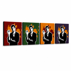 Ročno poslikana slika POP Art Scarface - AL PACINO 4 kosi 200x50cm al37 – 3D vizualizacija ročno poslikanega platna na belem ozadju. Prevladujoče barve: črna, oranžna, rdeča, zelena, vijolična.