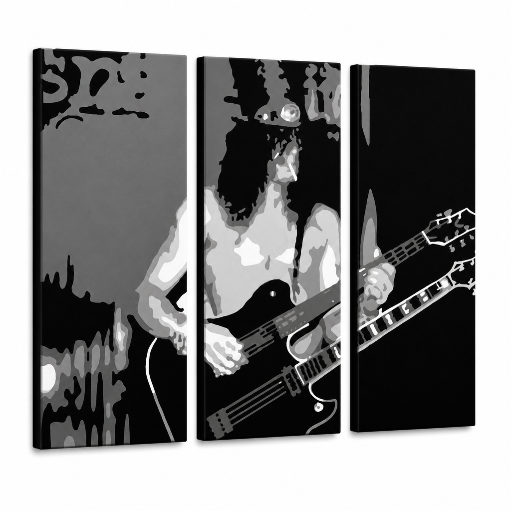 Ročno poslikana slika POP Art Slash 3 kosi in – 3D vizualizacija ročno poslikanega platna na belem ozadju. Prevladujoče barve: črna, bela, siva.