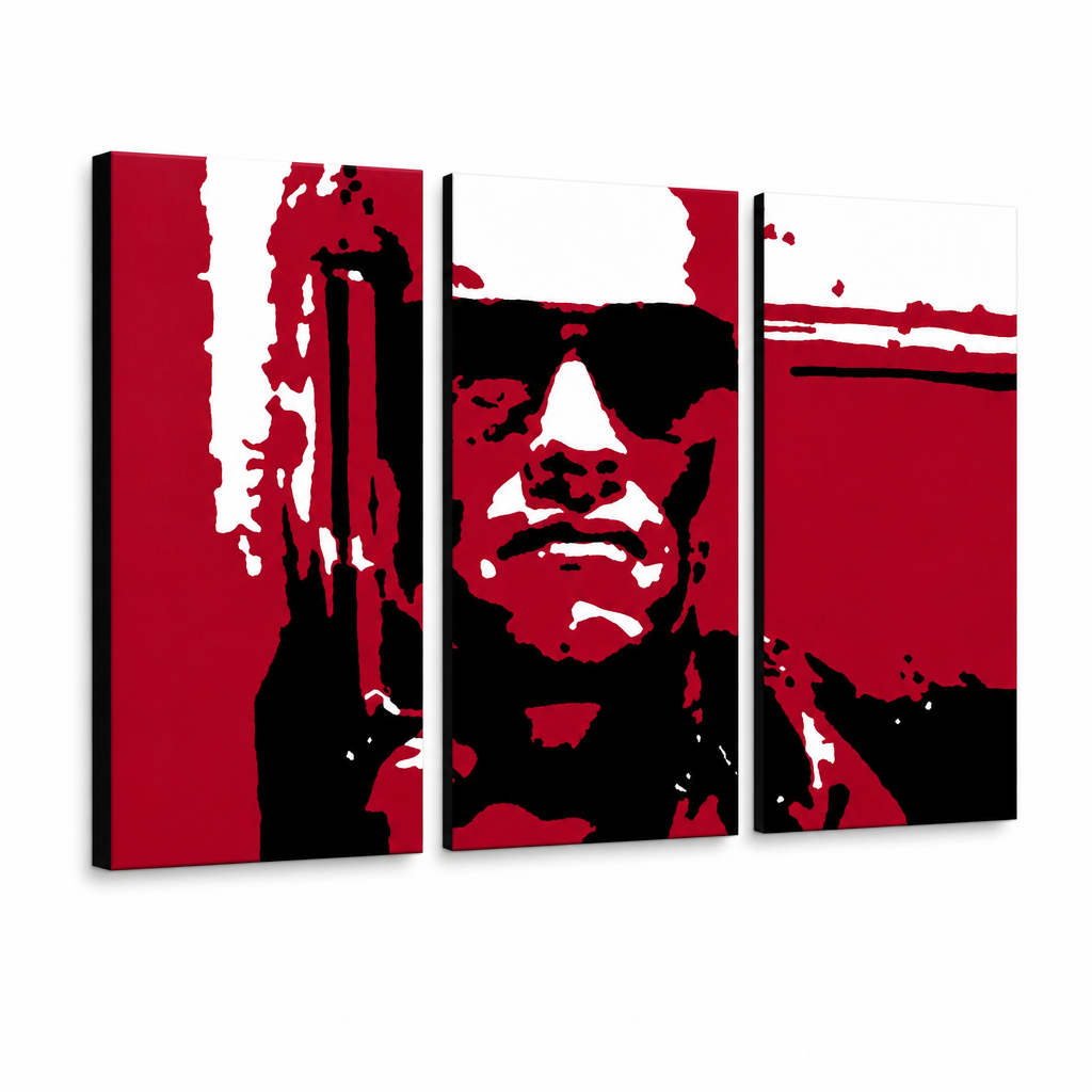 Ročno poslikana slika POP Art Terminator 3 kosi ter2 – 3D vizualizacija ročno poslikanega platna na belem ozadju. Prevladujoče barve: rdeča, črna, siva.