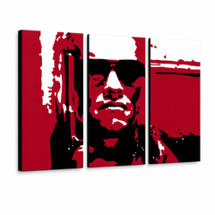 Ročno poslikana slika POP Art Terminator 3 kosi ter2 – 3D vizualizacija ročno poslikanega platna na belem ozadju. Prevladujoče barve: rdeča, črna, siva.